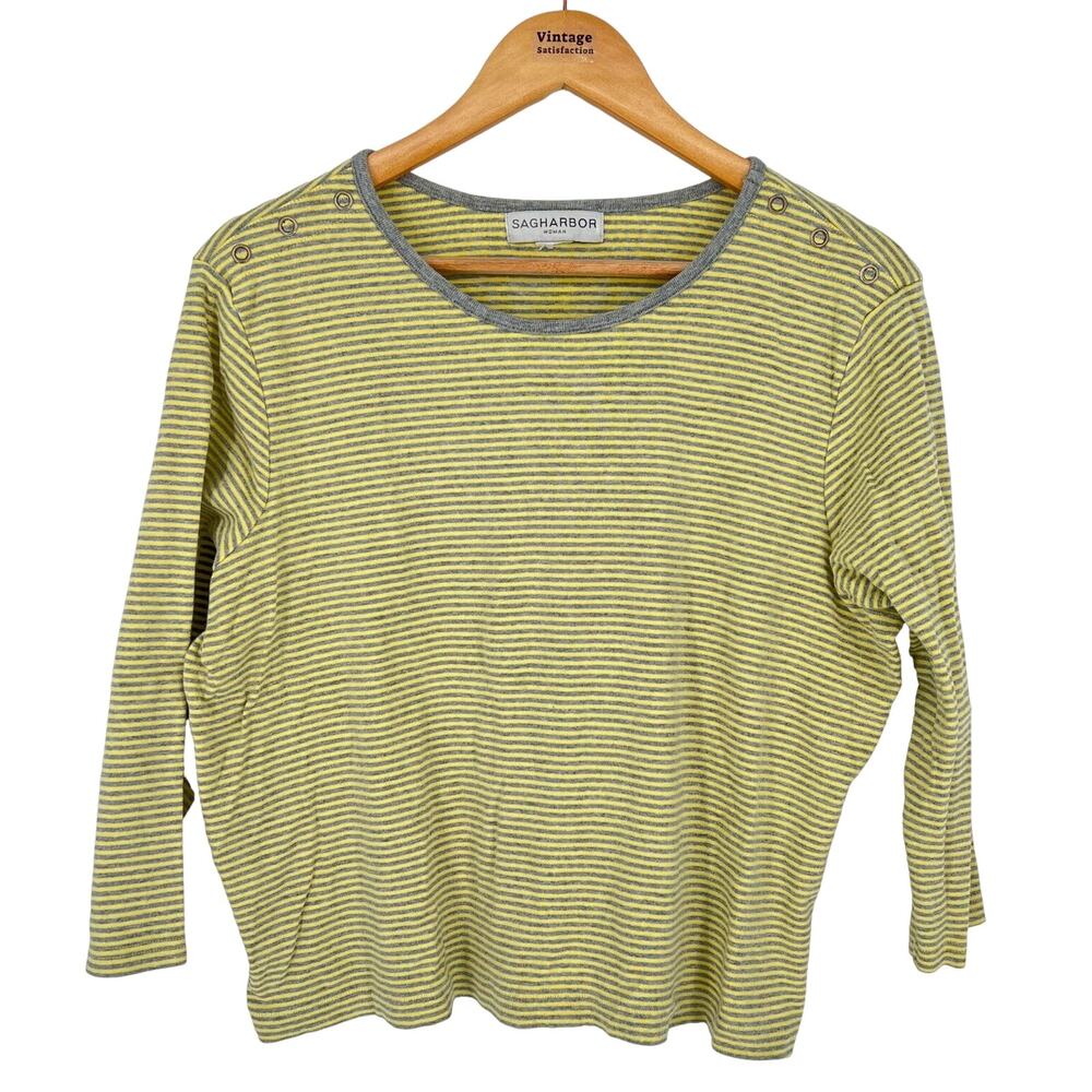 VTG Y2K Sag Harbor Shirt Women's XL Yellow Gray Stripe 3/4 Sleeve Preppy 90s